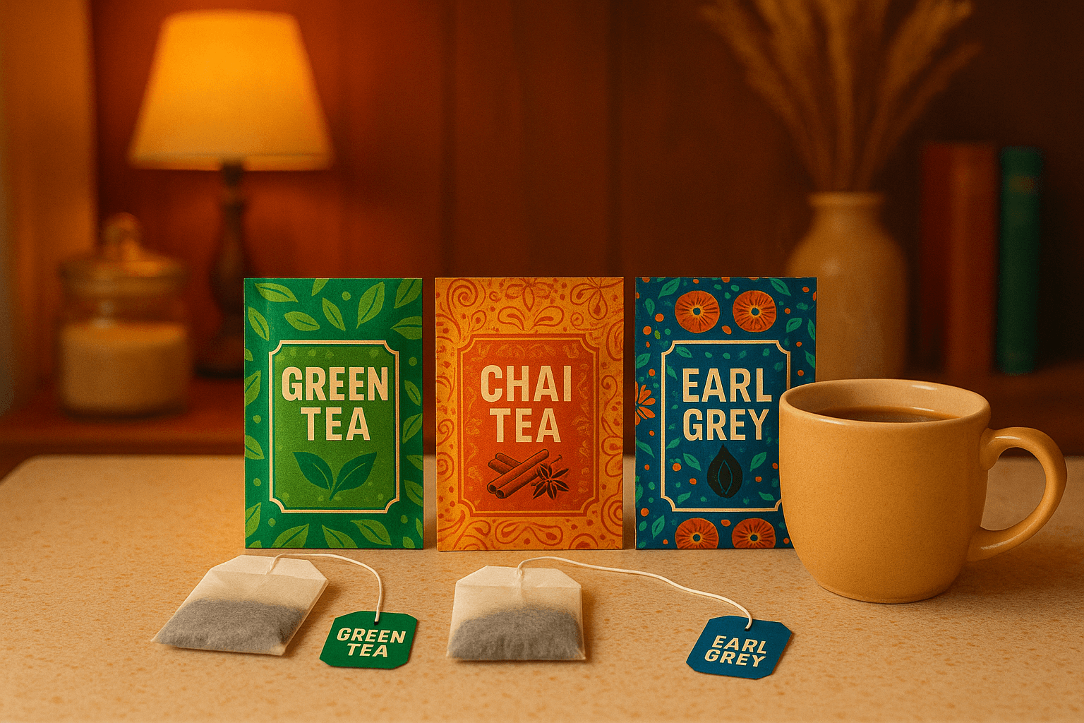 Tea Market, tea envelope pouches, tea bags with mug of tea