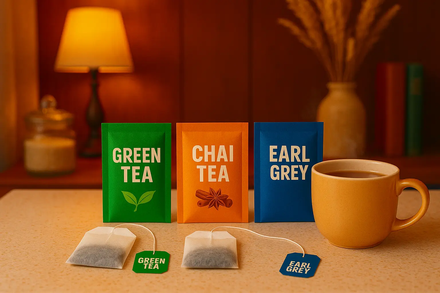 Tea Market, tea envelope pouches, tea bags with mug of tea