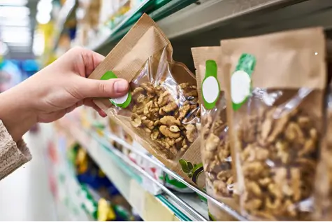 perishable goods in a stand-up pouch, on display in store